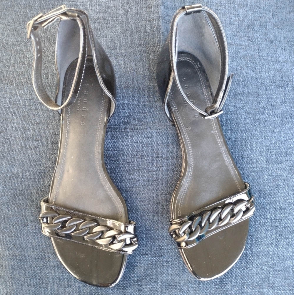 SANDRO Paris Black Patent Leather Open toe chain leather sandals, 38 US 7.5 NWOB
